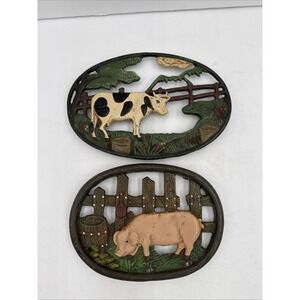 Lot Of 2 Vtg Cast Iron Metal Farmhouse Rustic Trivets Painted Cow & Chicken